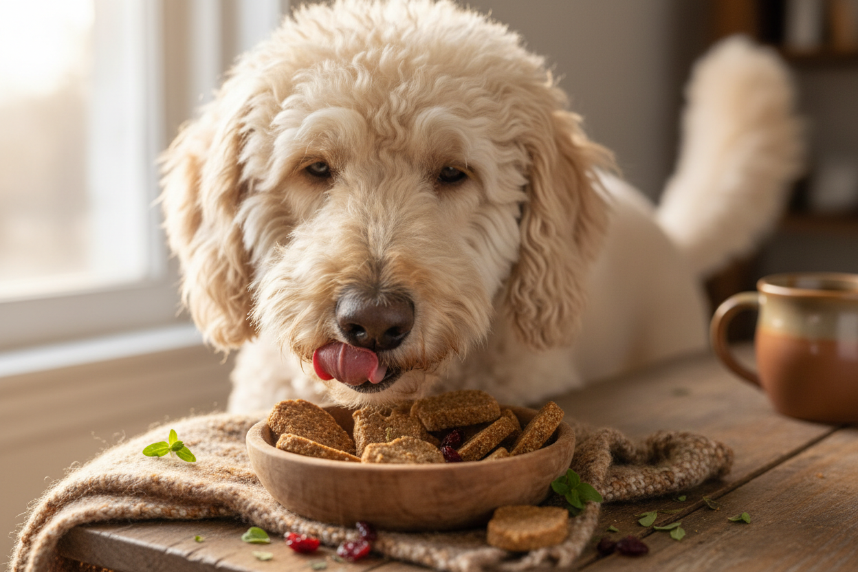 pudel eating natural dog treats, no brand name